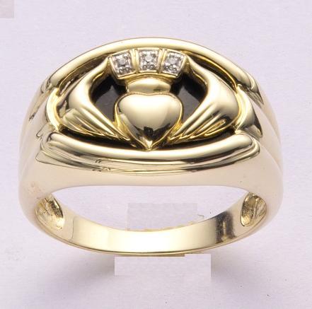 10K Solid Yellow Gold Onxy Men's Claddagh Ring Traditional Irish Ring